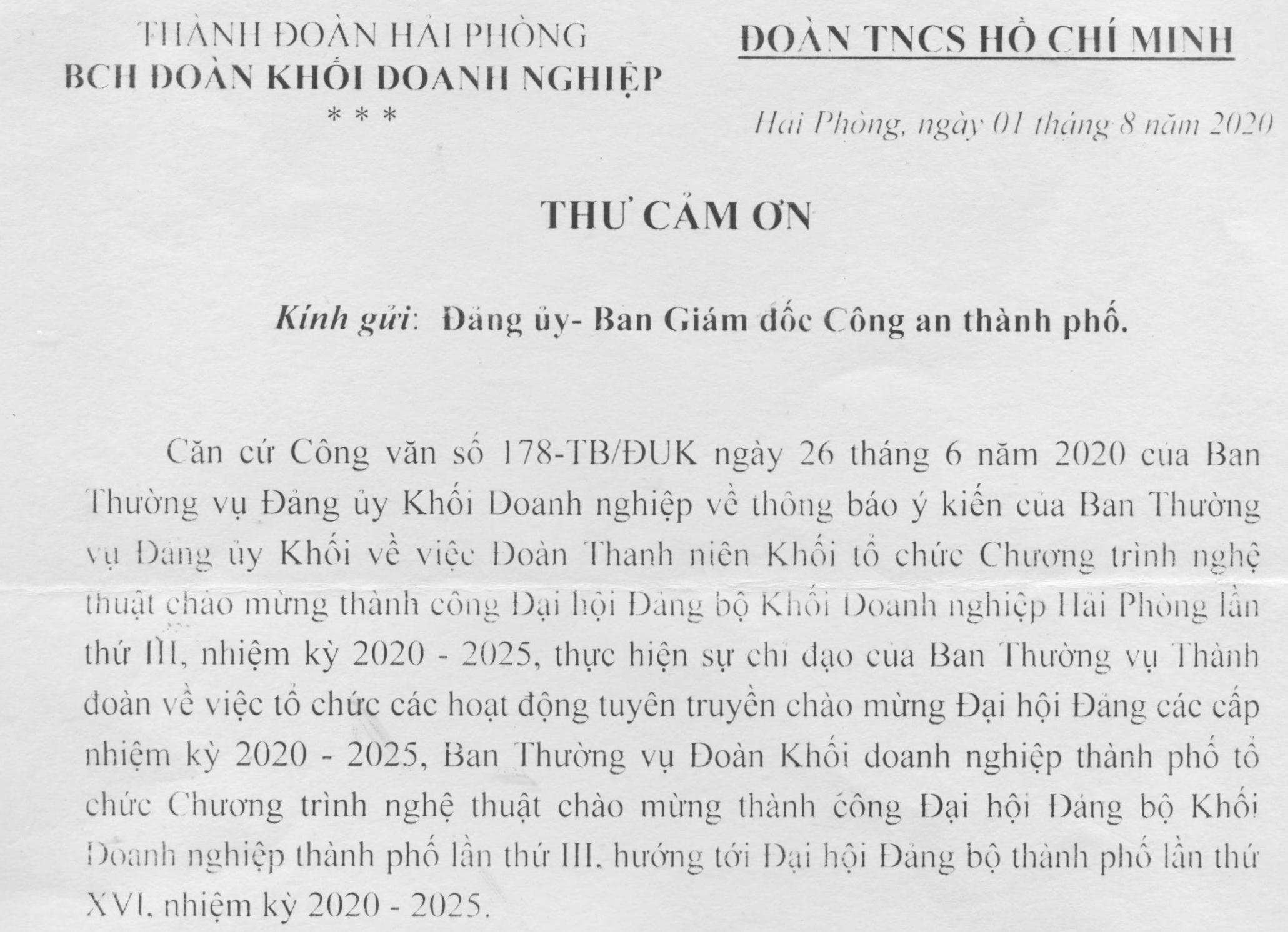 BCH Đoàn khối doanh nghiệp gửi thư cảm ơn